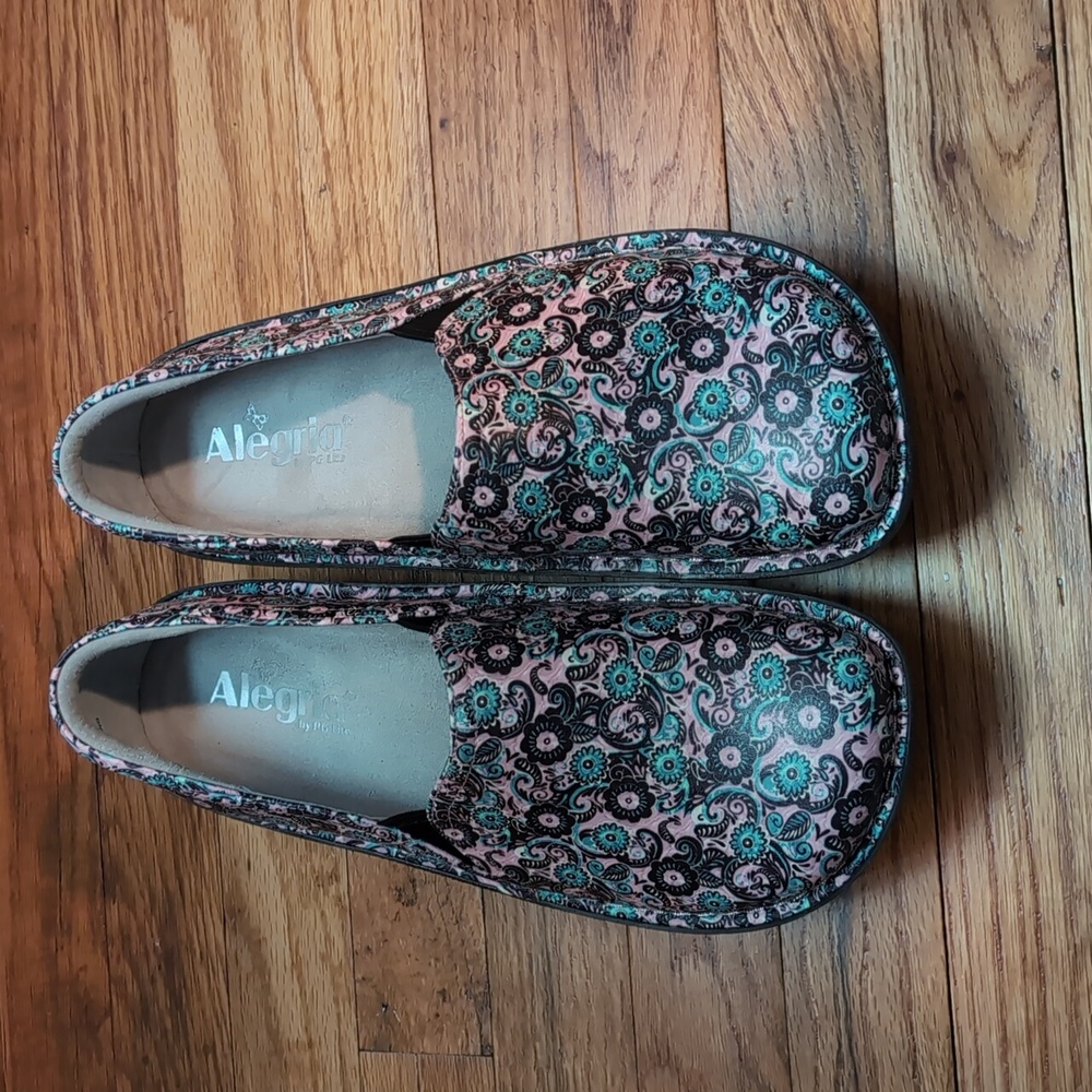 Alegria PG Lite Women's Floral Mules - Black, Pink, and Green.
